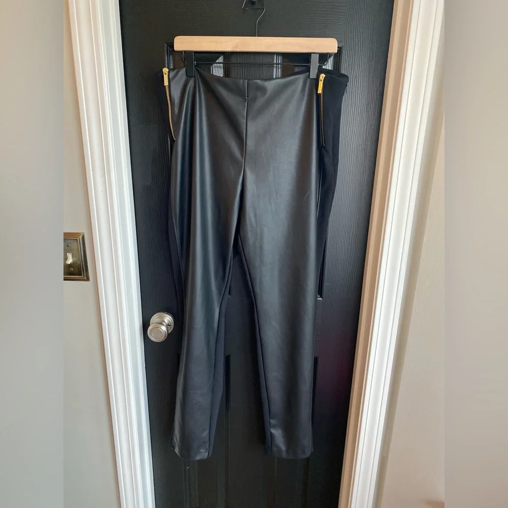 Michael Kors Women's Black Mixed-Media Faux-Leather Gold Leggings Pants-Size XXL
